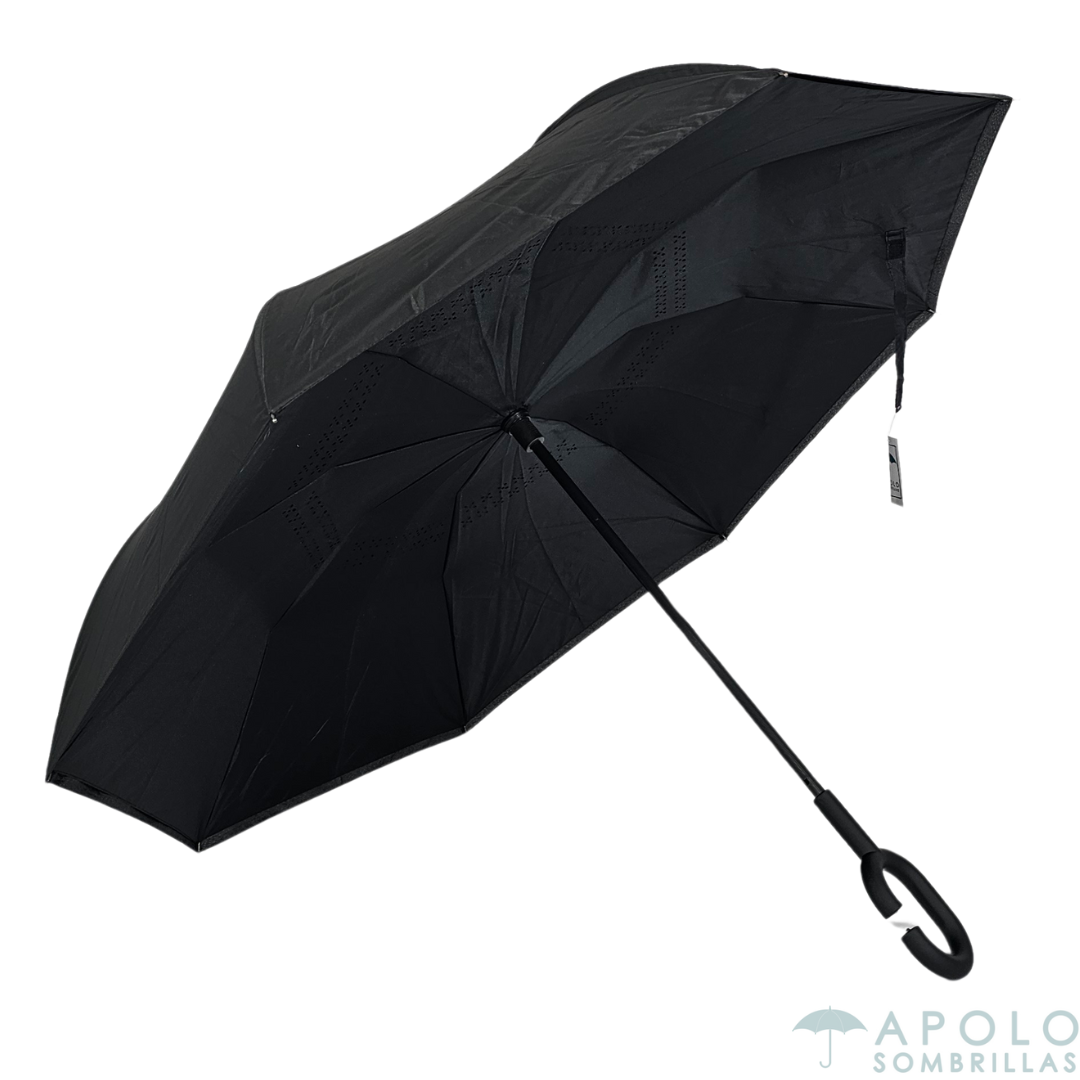 Paraguas reversible negro 23" con mango tipo C. Resistente, automático y funcional para negocios, lluvia y sol.