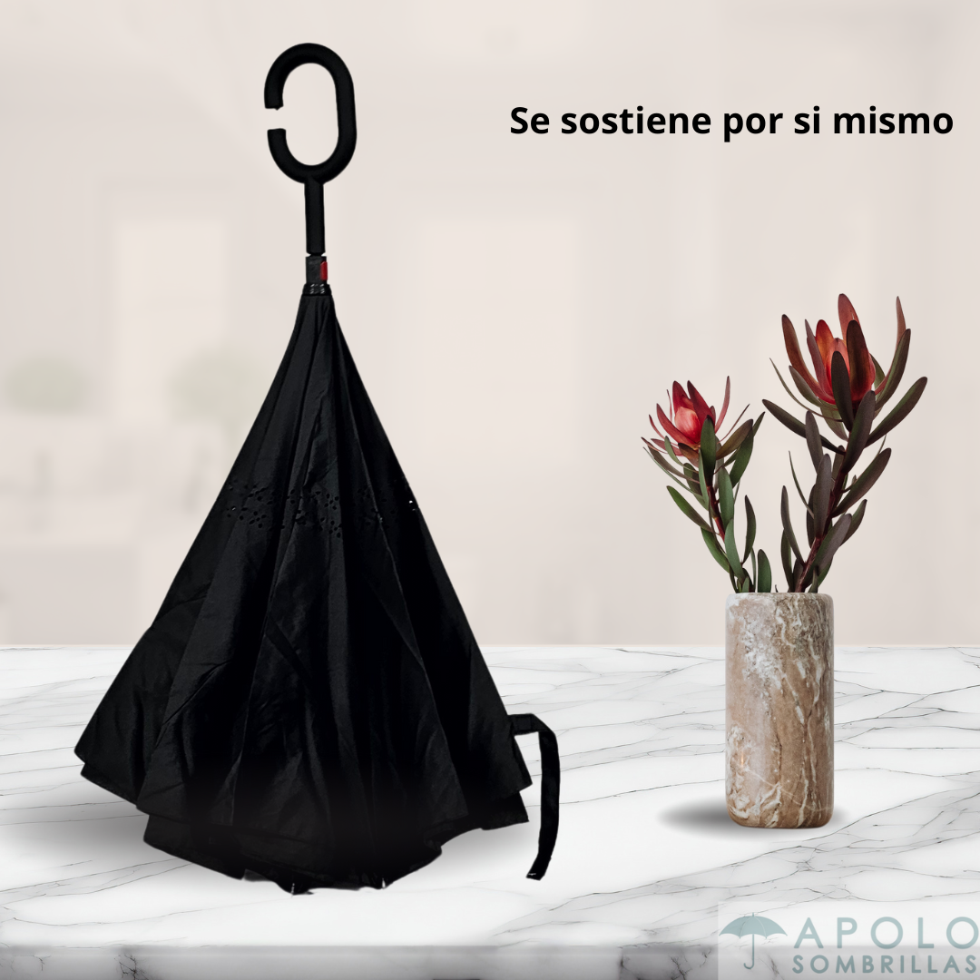 Paraguas grande reversible negro 23" con mango tipo C. se sostiene por si mismo