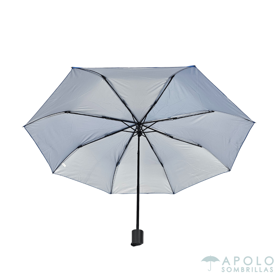 Vista frontal de sombrilla manual Azul Satinado Apolo 21 N03, diseño elegante y funcional para eventos y uso personal.
