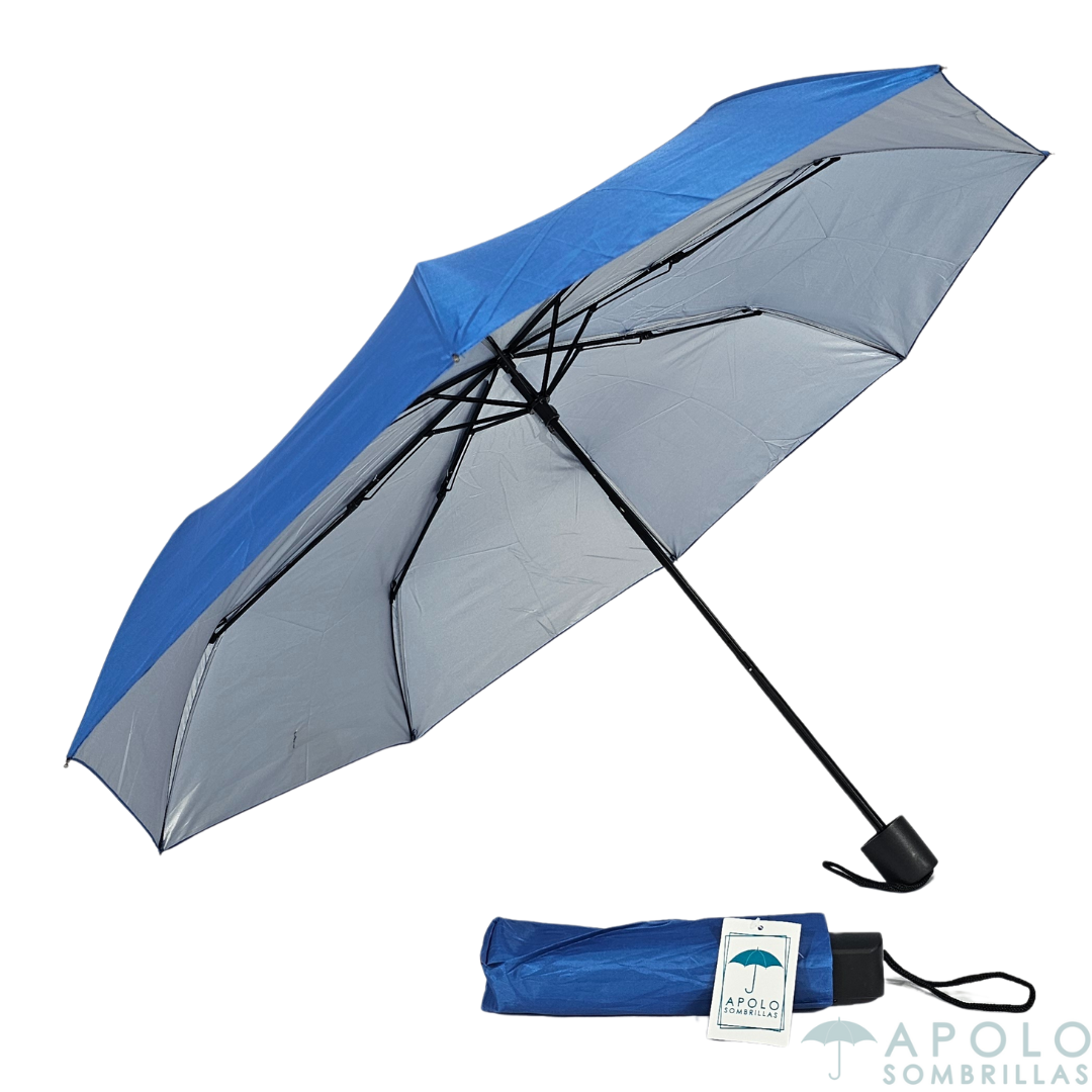 Perfil de mini sombrilla azul satinado Apolo 21 N03, diseño plegable y ligero para bolso con forro.