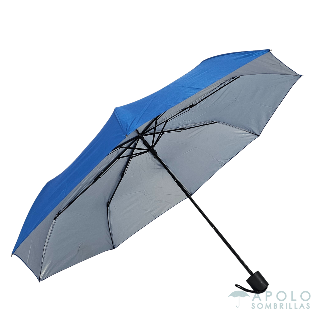 Perfil de mini sombrilla azul satinado Apolo 21 N03, diseño plegable manual para bolso.