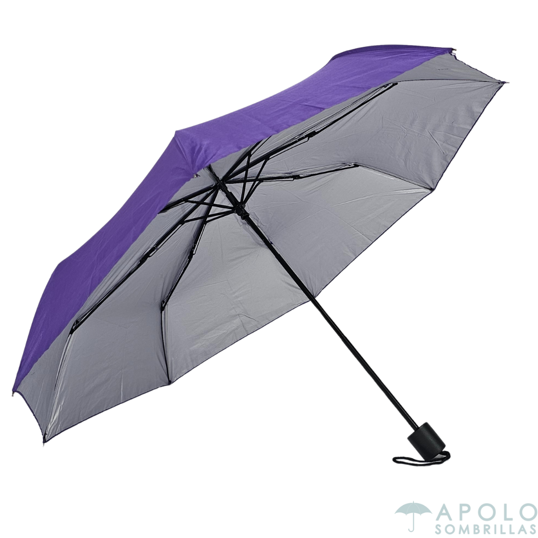 Vista lateral de sombrilla plegable Morada Apolo 21 N03, compacta, manual y resistente, ideal para cualquier clima.