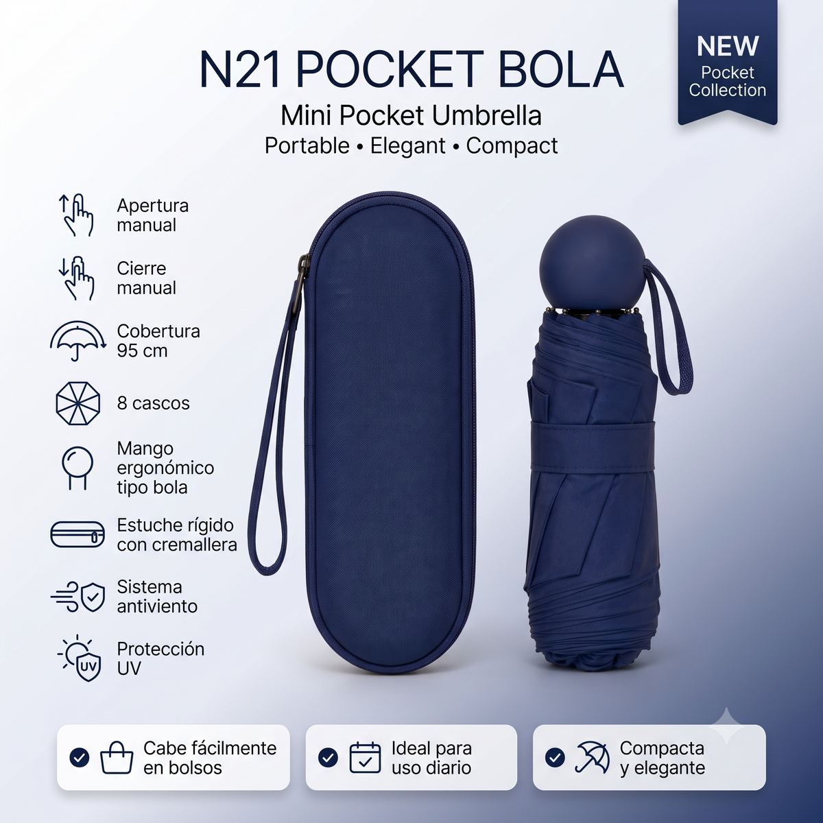 Sombrilla Mini Pocket Bola Ref: N21 – Compacta, Elegante y Practica