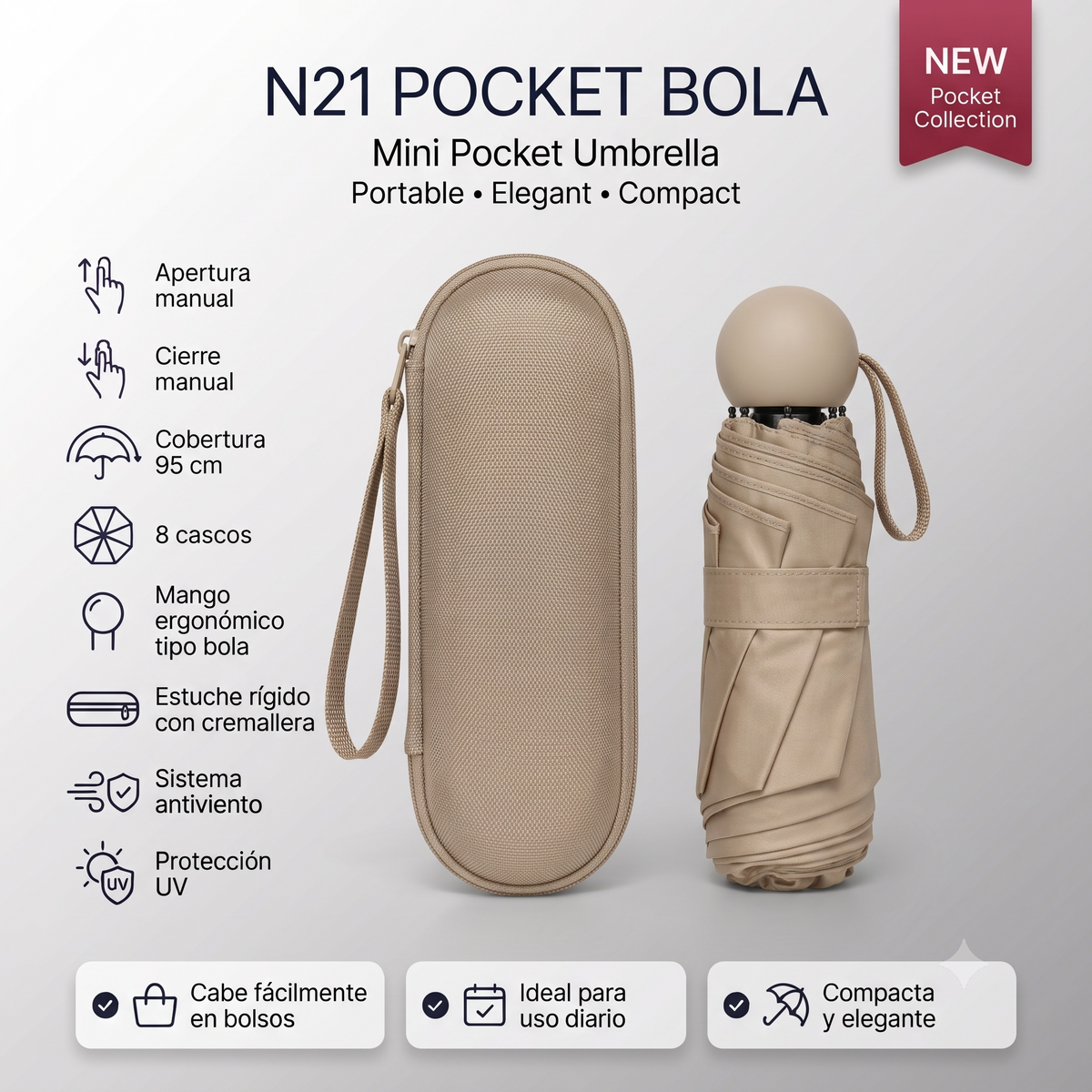 Sombrilla Mini Pocket Bola Ref: N21 – Compacta, Elegante y Practica
