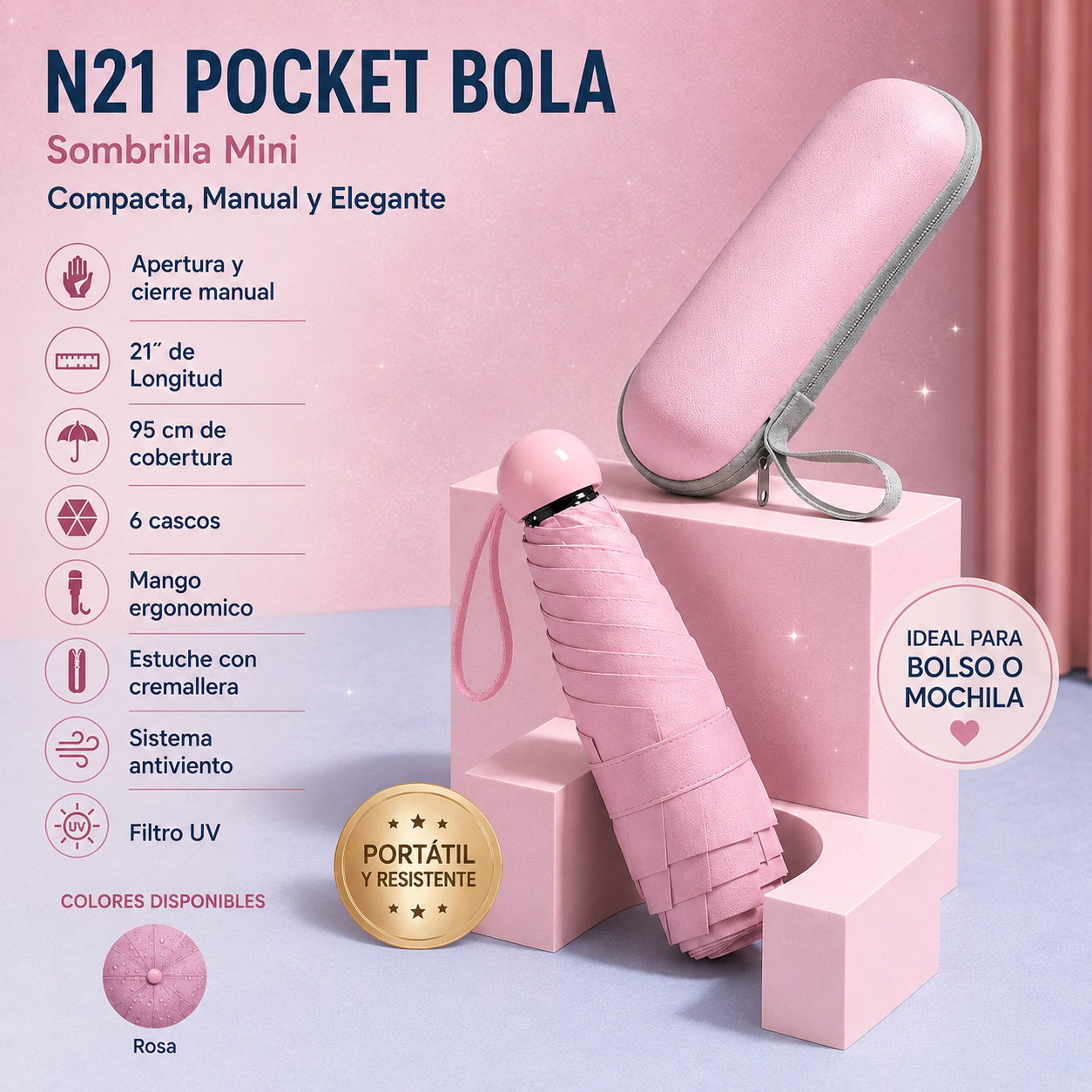 Sombrilla Mini Pocket Bola Ref: N21 – Compacta, Elegante y Practica