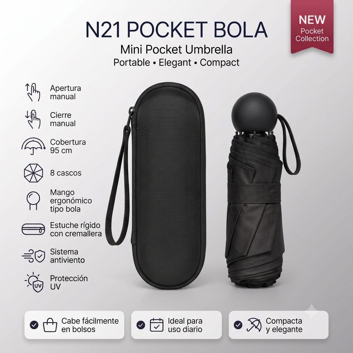 Sombrilla Mini Pocket Bola Ref: N21 – Compacta, Elegante y Practica