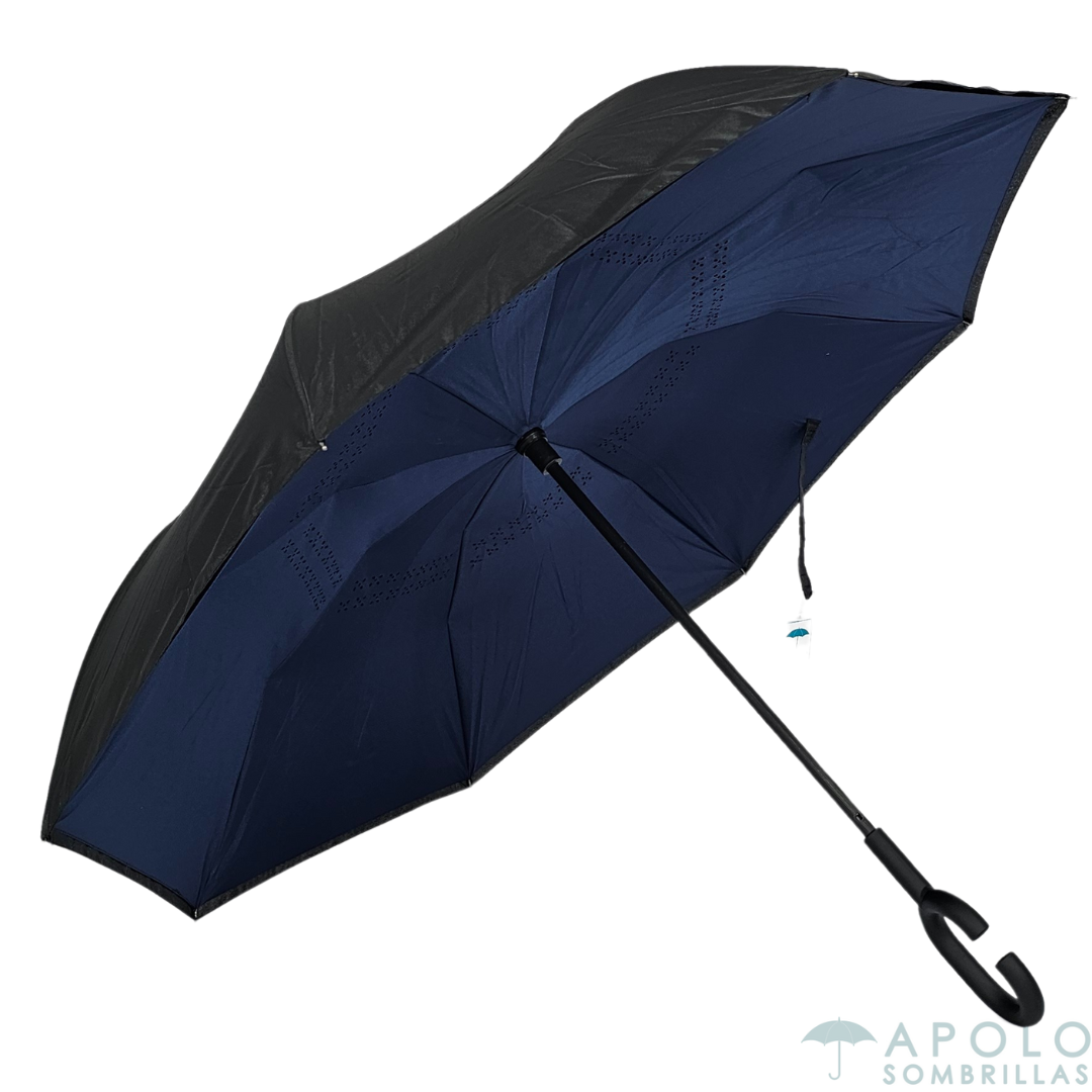 Paraguas reversible negro y azul oscuro 23", automático, con mango tipo C y filtro UV. Ideal para negocios.