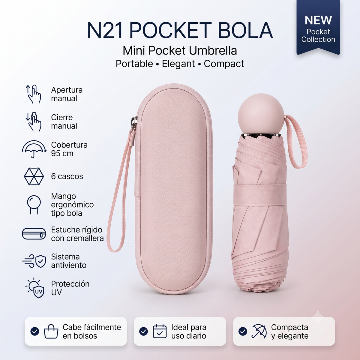 Sombrilla Mini Pocket Bola Ref: N21 – Compacta, Elegante y Practica